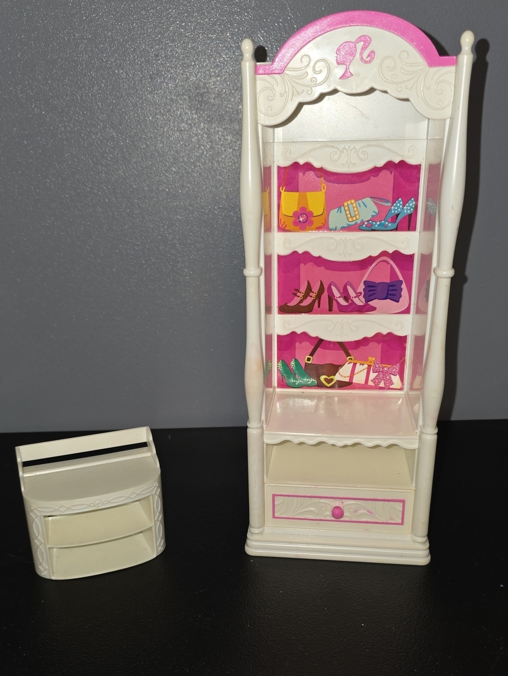 Barbie White and Pink Plastic Storage Display Shelf - Home Organization